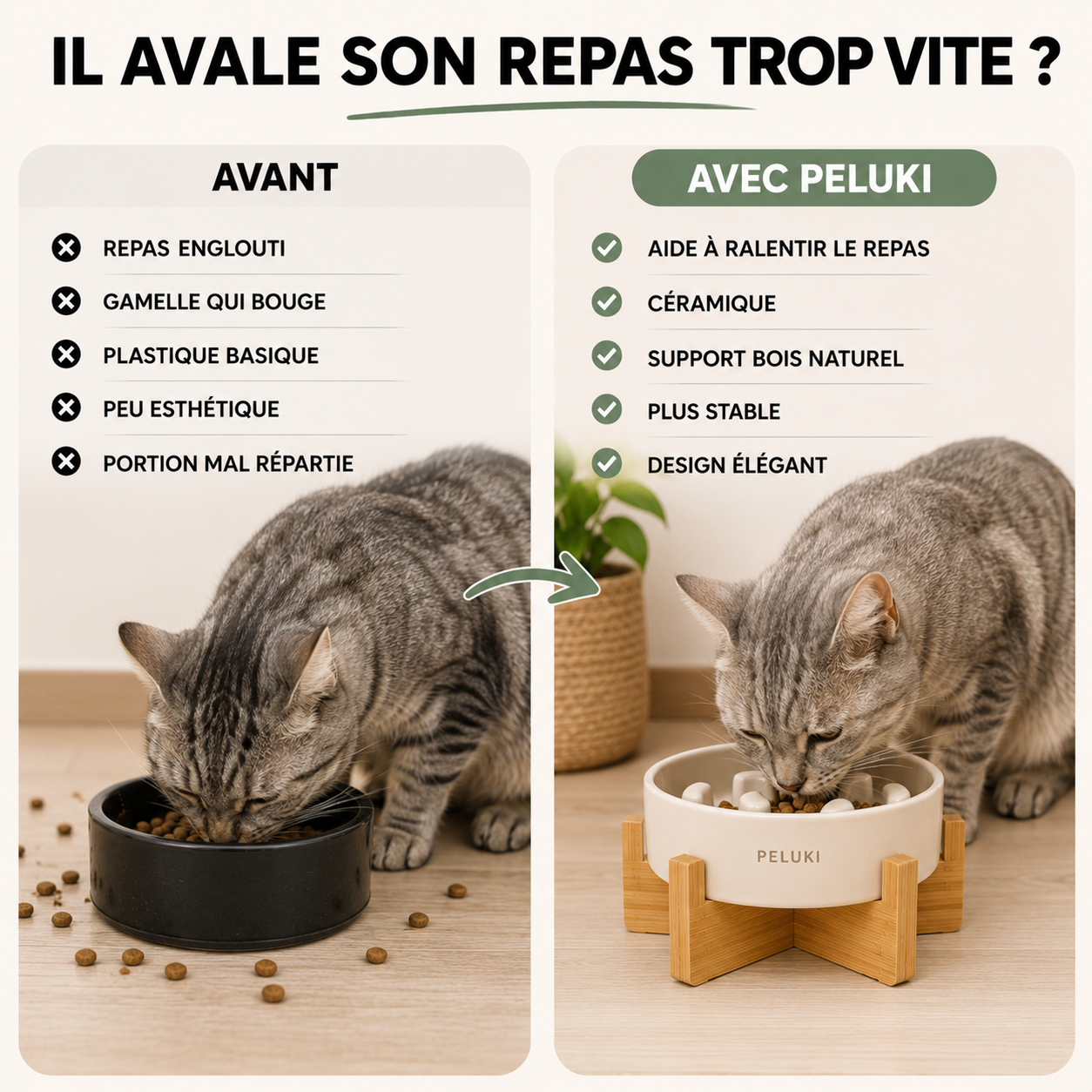 Gamelle Anti-Glouton Céramique Surélevée Chien Chat Design Naturel
