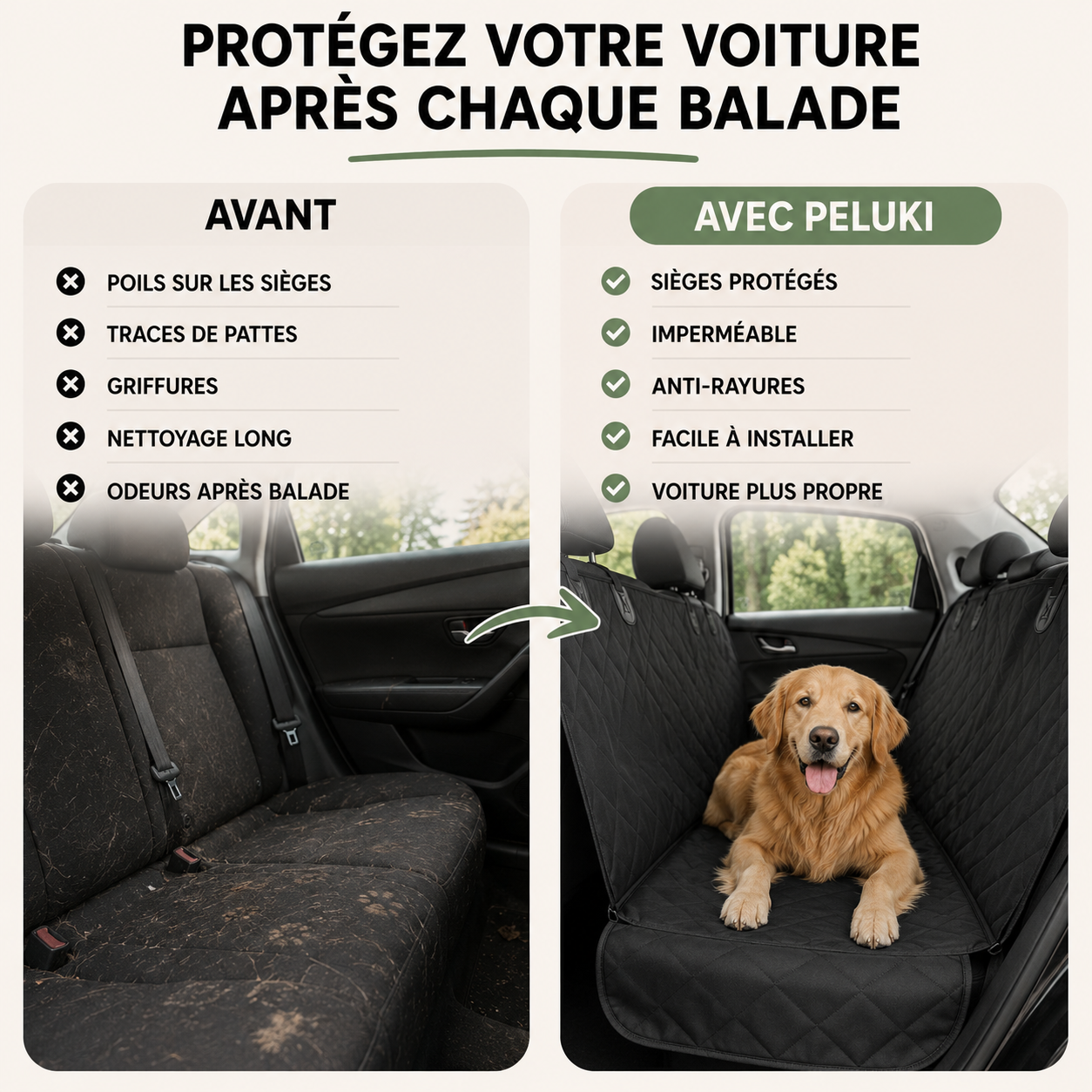 Housse Siège Voiture Chien Imperméable & Anti-Rayures
