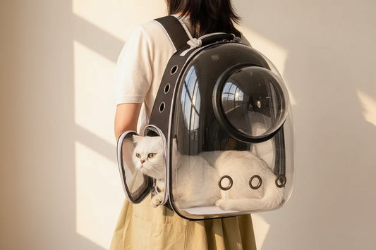 Femme portant un sac à dos chat hublot noir en balade — vue de dos